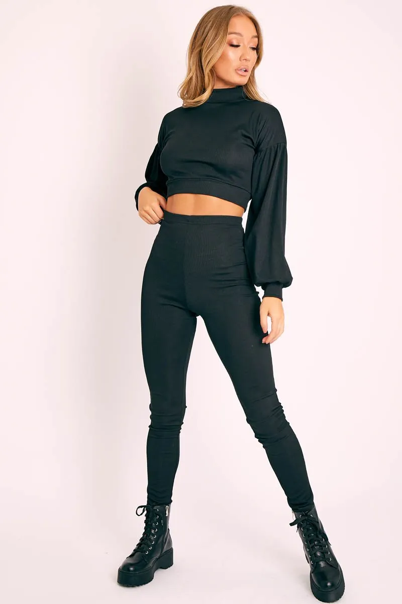 Black Ribbed Puff Sleeve Top Loungewear Co-ord - Effy