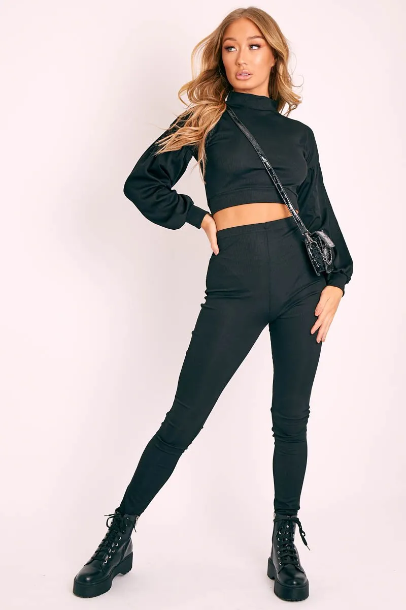 Black Ribbed Puff Sleeve Top Loungewear Co-ord - Effy