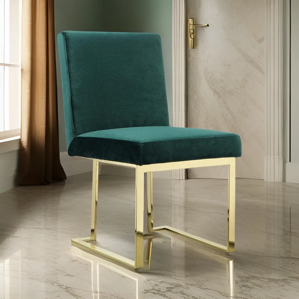 Boly 24 Inch Side Dining Chair Set of 2, Green Velvet, Gold Cantilever By Casagear Home