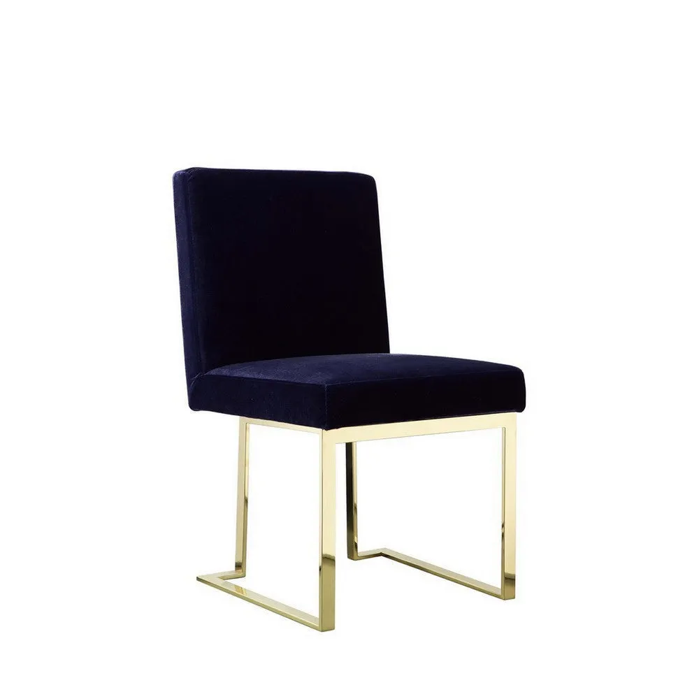 Boly 24 Inch Side Dining Chair Set of 2, Navy Blue Velvet, Gold Cantilever By Casagear Home