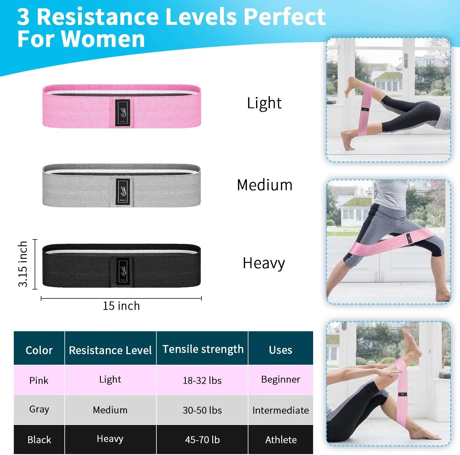 Recredo Booty Bands, 3 Resistance Bands for Legs and Butt, Non Slip Exercise Bands for Women Men, Elastic Strength Squat Band, Workout Beginner to Professional