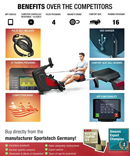 Sportstech RSX500 Rowing Machine - German Quality Brand - Competition Mode - incl. heart rate monitor (worth: £39,90) 16 programs - magnetic resistance - tablet holder - foldable