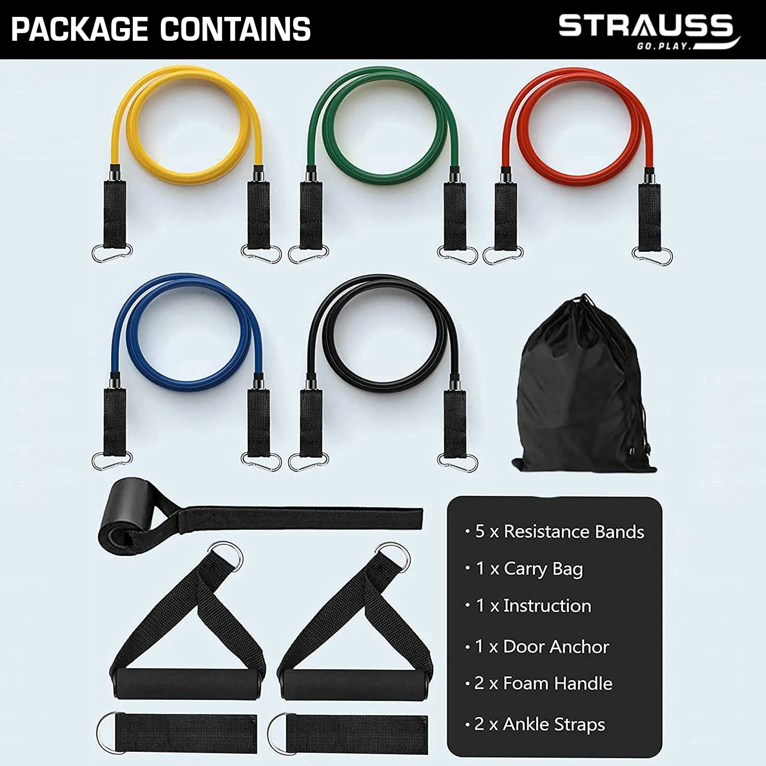 Strauss Latex Resistance Tubes with Door Anchor, Handles, Waterproof Carry Bag, Legs Ankle Straps | Ideal For Resistance Training & Physical Therapy | Exercise Bands For Gym & Home Workouts | Set Of 5