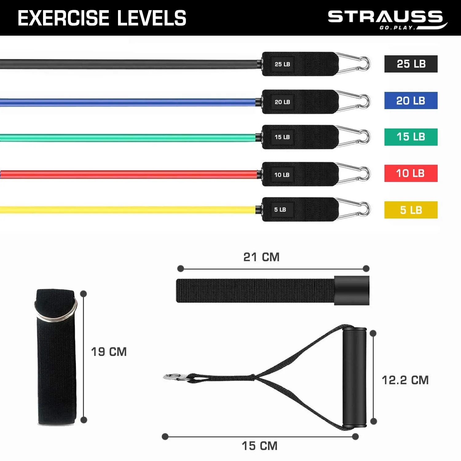 Strauss Latex Resistance Tubes with Door Anchor, Handles, Waterproof Carry Bag, Legs Ankle Straps | Ideal For Resistance Training & Physical Therapy | Exercise Bands For Gym & Home Workouts | Set Of 5