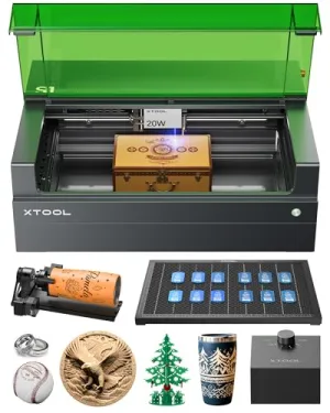 xTool S1 Laser Engraver with Rotary, Engraving on Tumbler Ring, 20W Laser Cutter Machine, Cut 10mm Wood, Beginner-Friendly for Jewelry and Gift Making with Metal, Wood, Acrylic, Leather